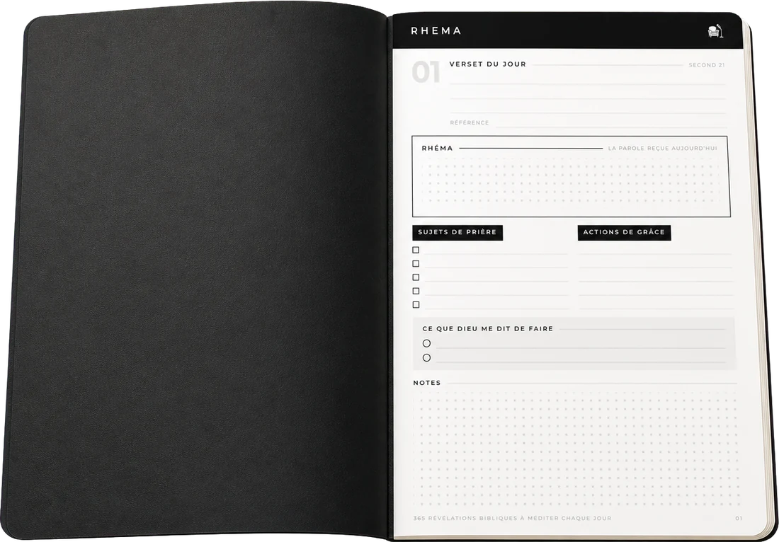 Le carnet RHEMA ouvert sur sa page quotidienne guidée